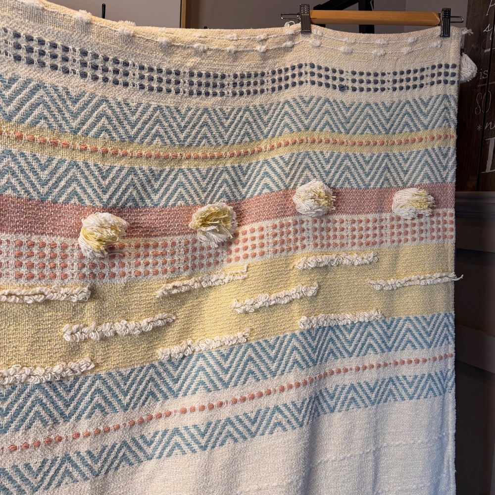 Tassel Boho Throw Blanket Cream yellow blue multi Striped 80%Cotton Indian50”x64 - Picture 5 of 10